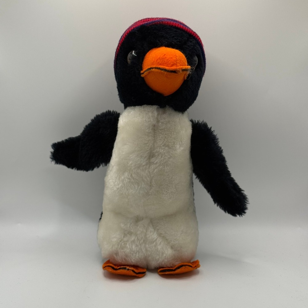 Vintage 1977 R Dakin Penguin Plush Stuffed Animal Red Blue Striped Hat Korea